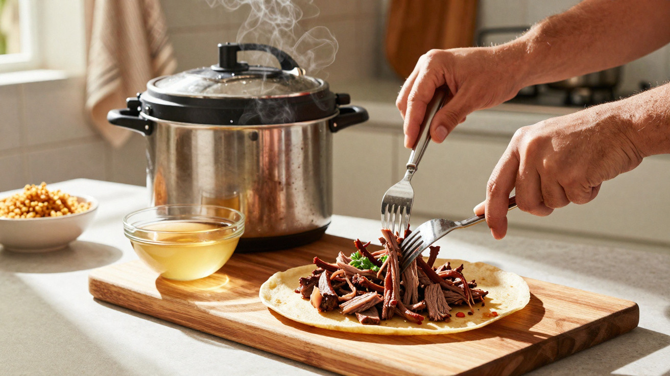 Mãos a desfazer carne cozinhada na panela de pressão para rechear uma tortilha numa cozinha luminosa.