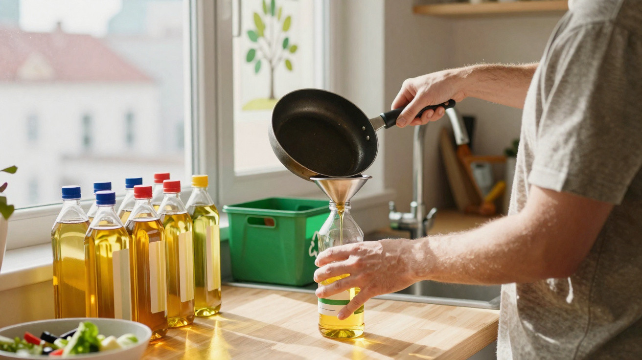 Pessoa a encher garrafa com óleo usando uma frigideira e funil numa cozinha iluminada pela janela.