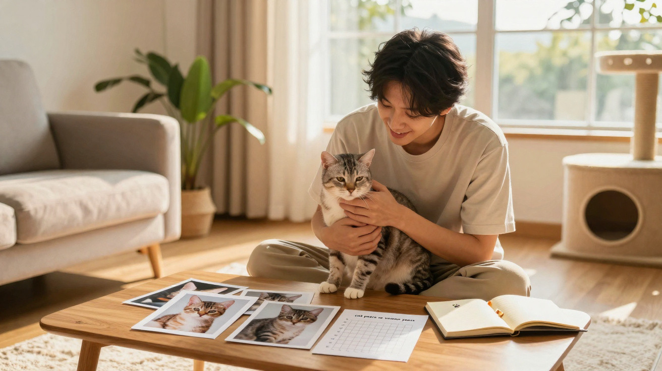 Pessoa sentada no chão a abraçar um gato, com fotos do animal e um caderno numa mesa de madeira.