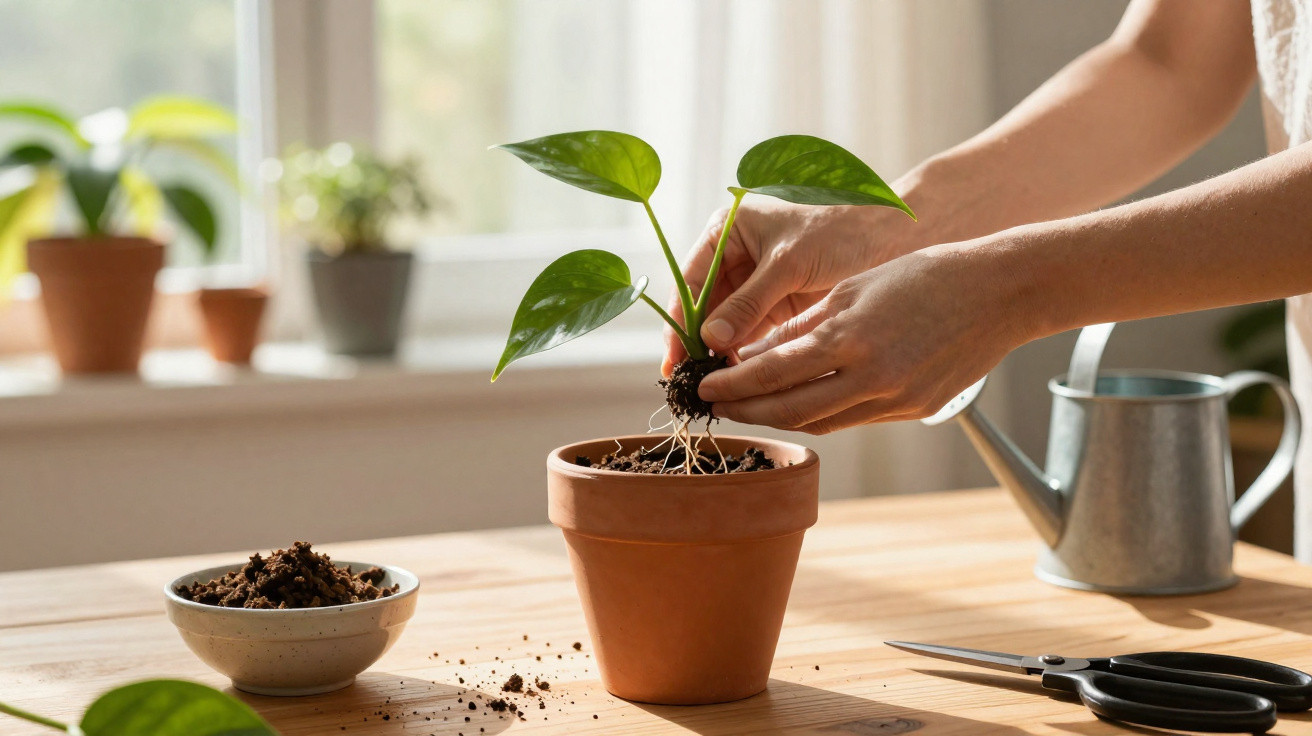 Mãos a transplantar planta jovem para vaso de barro numa mesa com regador e tesoura ao lado.