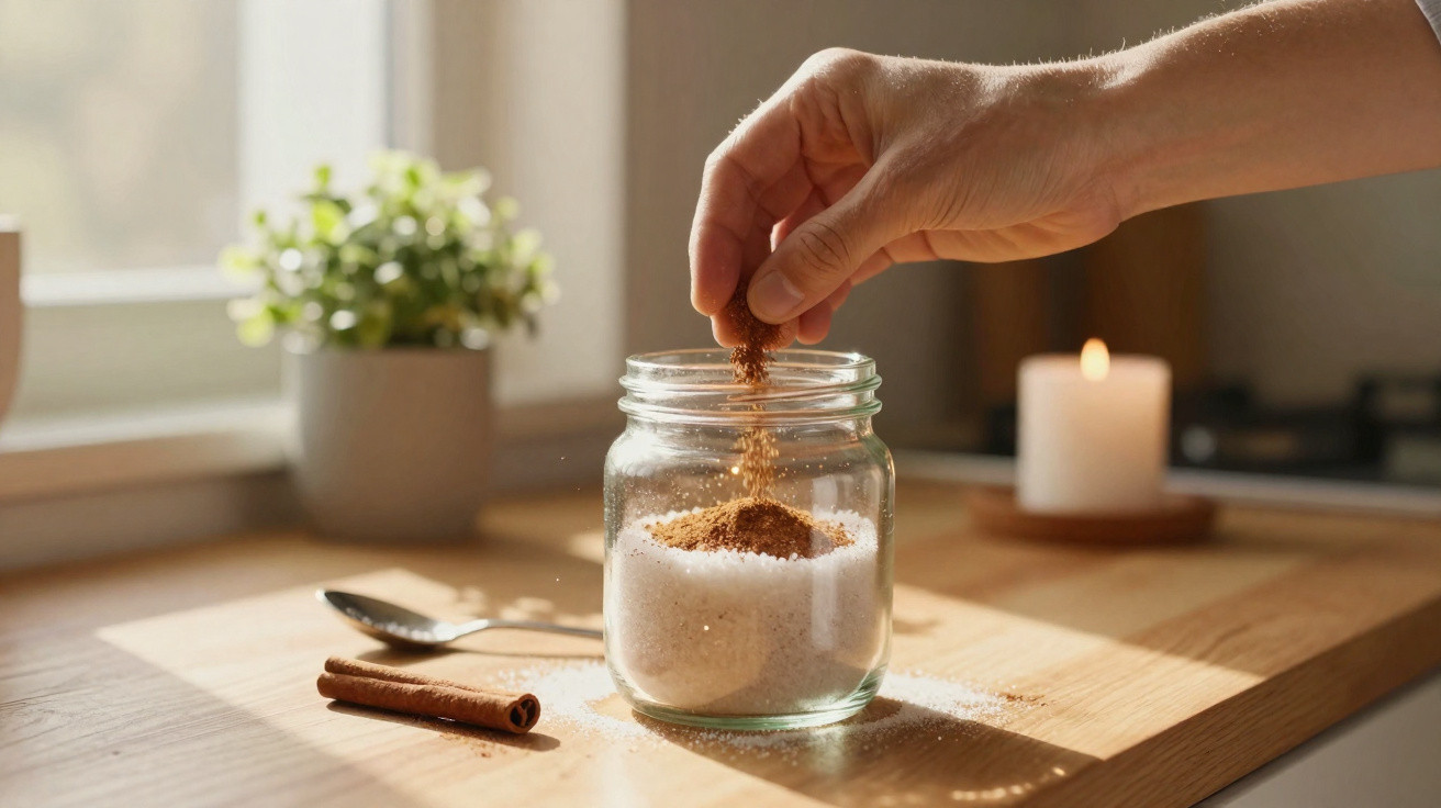 Mão a deitar canela em pó num frasco de vidro com açúcar numa cozinha iluminada a velas.