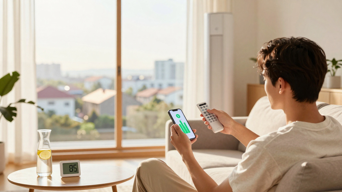 Pessoa sentada no sofá controlando ar condicionado com comando e smartphone numa sala luminosa.