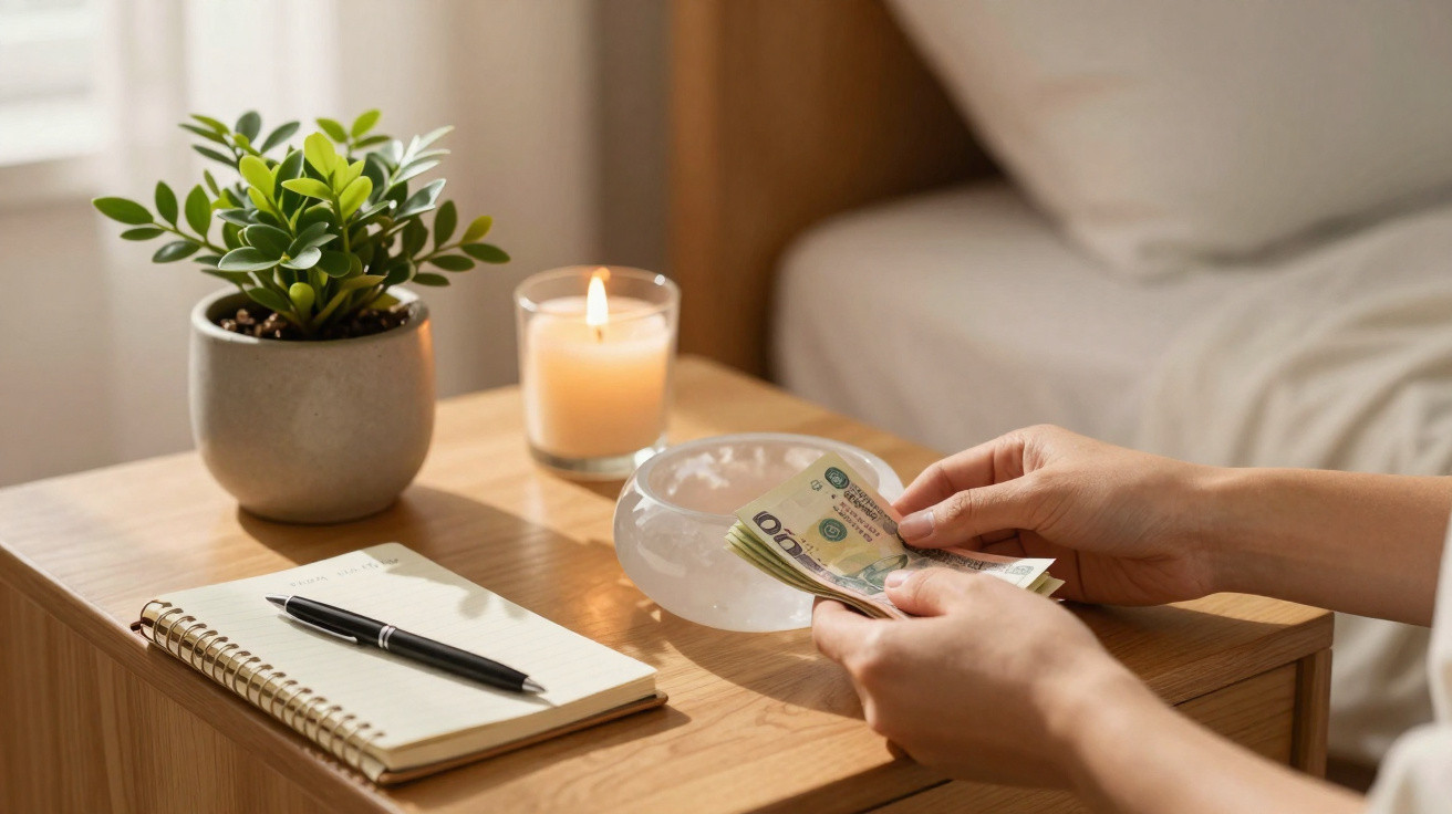 Mesa de cabeceira com planta, vela acesa, caderno com caneta e mãos a contar dinheiro em notas vietnamitas.