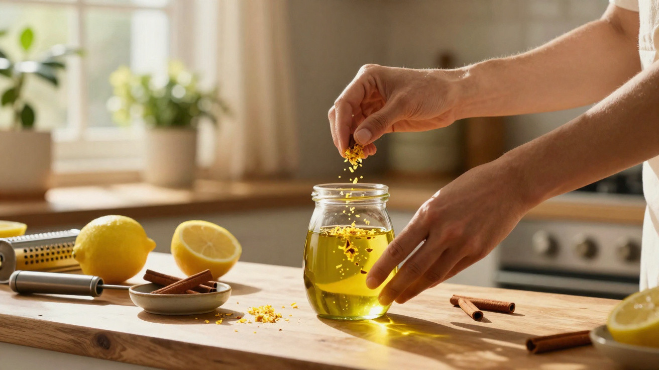 Mãos a adicionar casca de limão a um frasco com líquido amarelo numa cozinha com limões e paus de canela.