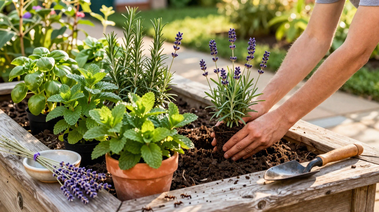 Pessoa a plantar lavanda e outras ervas aromáticas num canteiro de madeira num jardim.