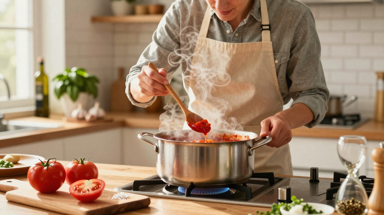 Pessoa a cozinhar molho de tomate numa panela no fogão da cozinha moderna.