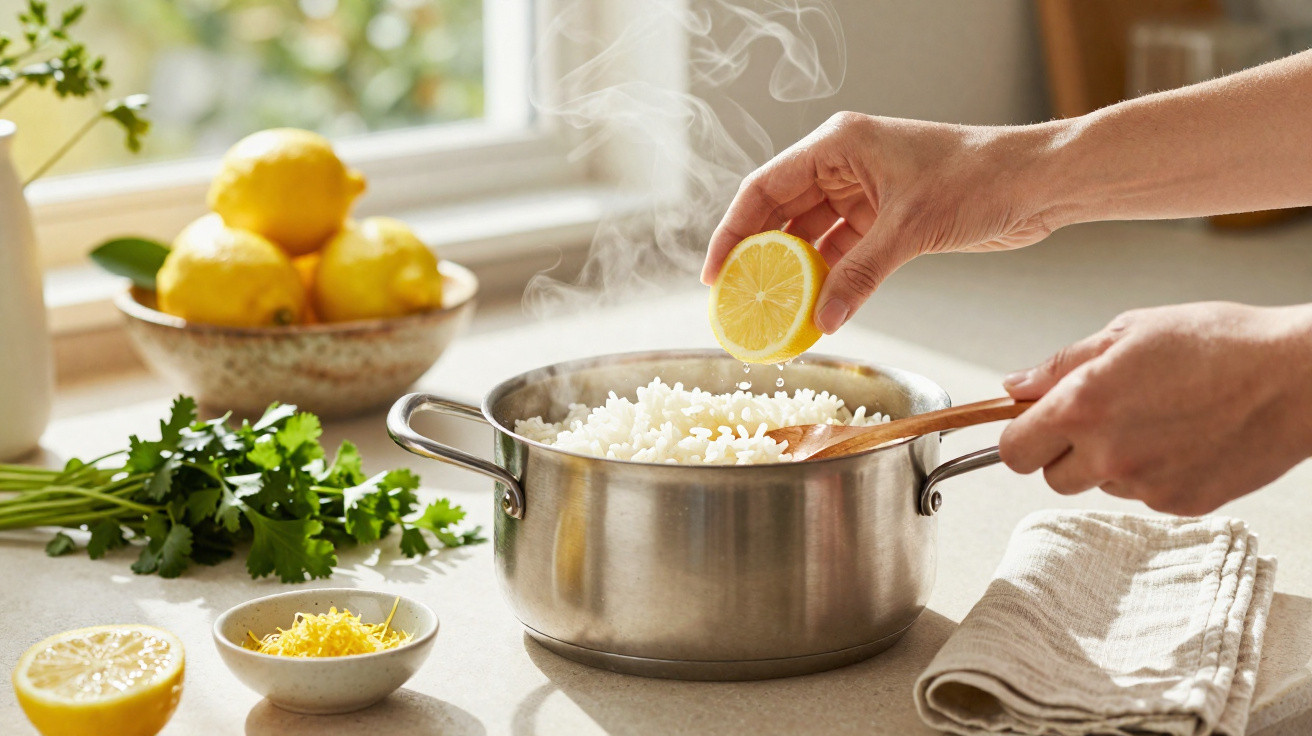 Mãos a espremer limão sobre arroz quente numa panela, com limões e coentros na bancada da cozinha.