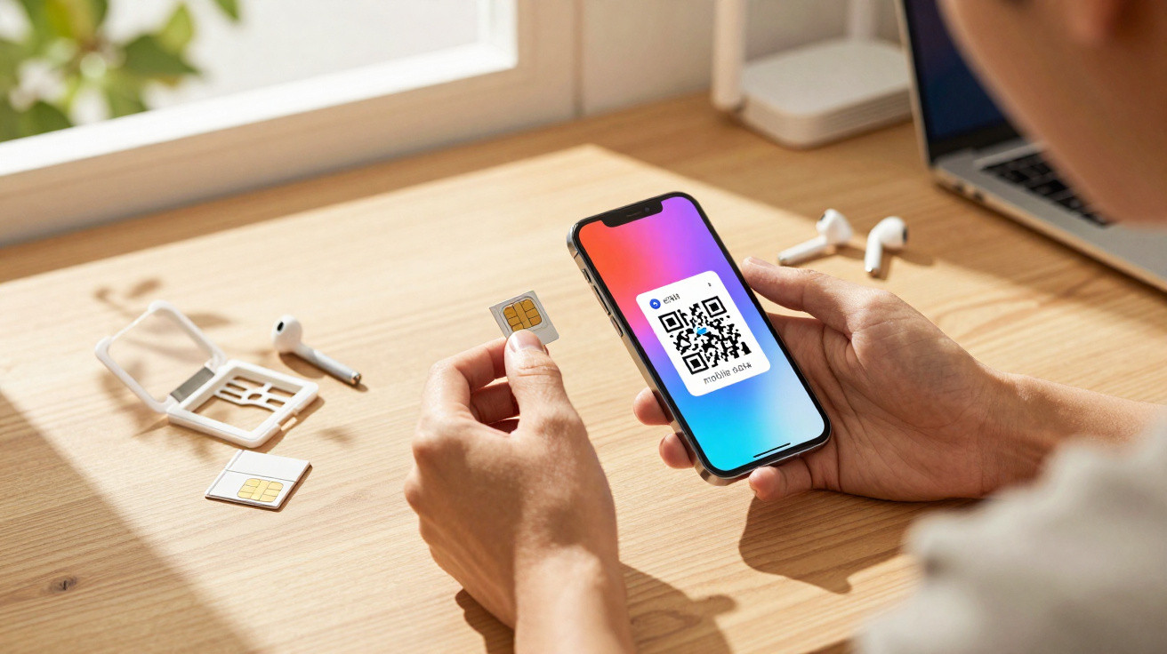 Pessoa segura um cartão SIM e telemóvel com código QR, sobre secretária de madeira com acessórios tecnológicos.