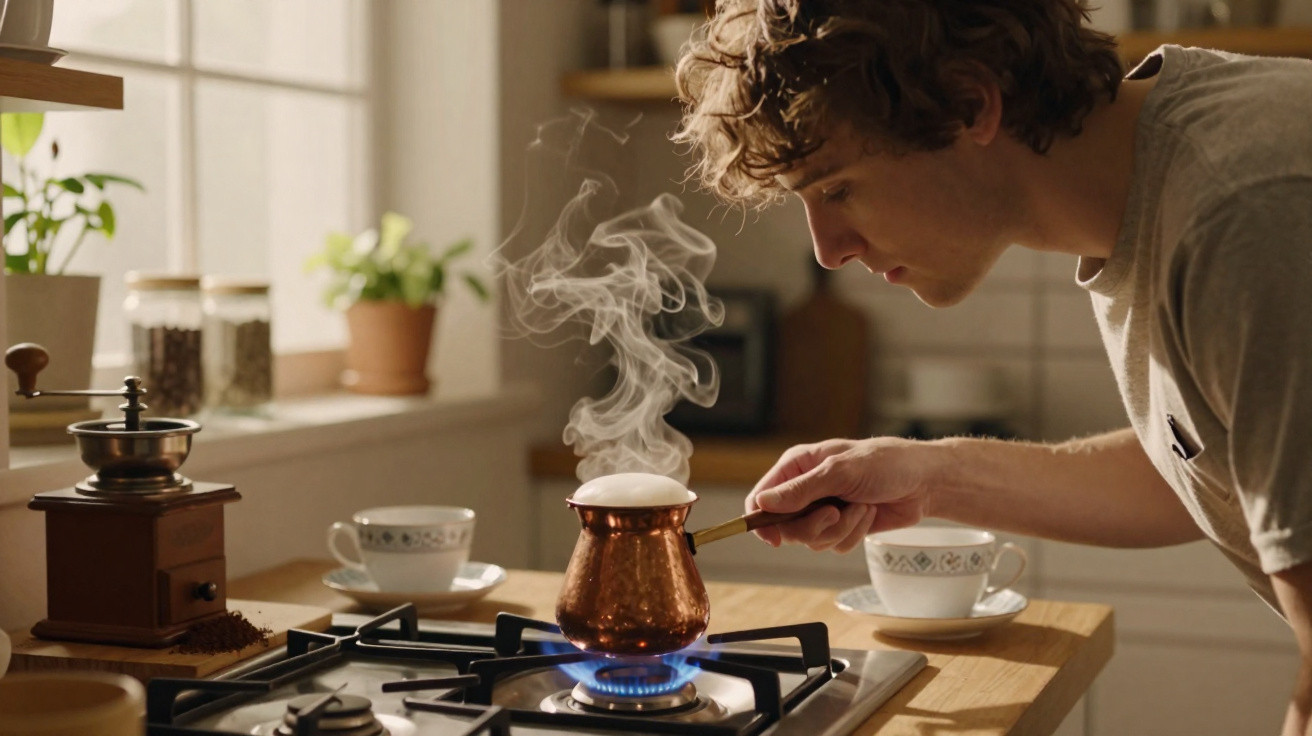 Homem jovem a cheirar café quente a ser preparado numa cafeteira turca na cozinha iluminada pela luz natural.