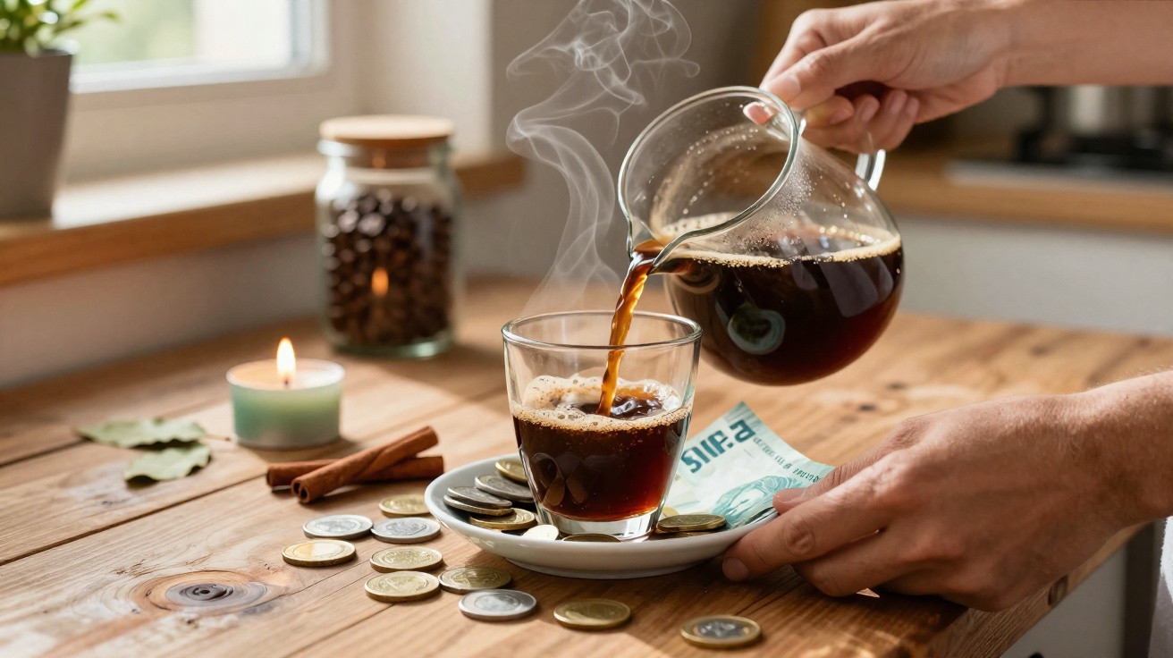 Mãos a servir café quente numa chávena sobre mesa de madeira com moedas, vela acesa e frasco com grãos de café.