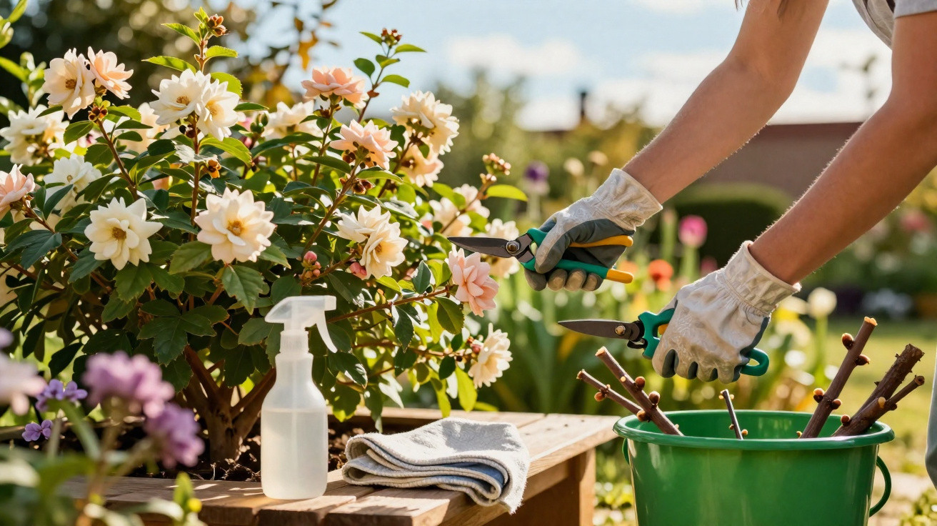 Pessoa a podar flores num jardim com luvas de proteção, junto a um balde verde e pulverizador.