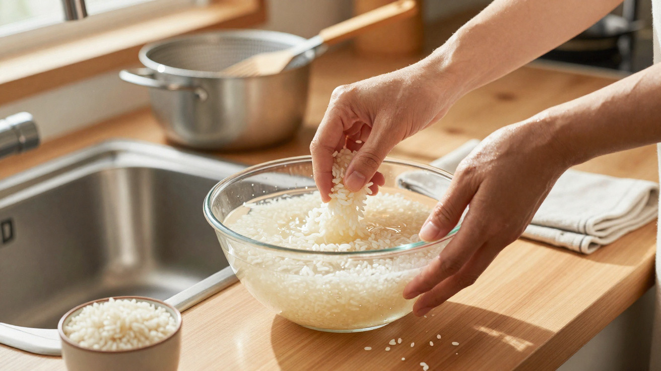 Mãos a lavar arroz numa taça de vidro cheia de água numa bancada de cozinha junto a uma pia.