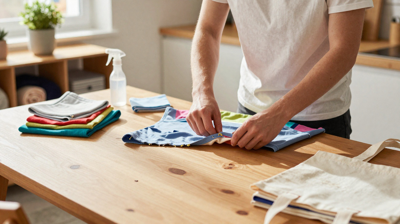 Pessoa a prender botões de camisa colorida sobre mesa de madeira com roupas dobradas e frasco spray ao fundo.
