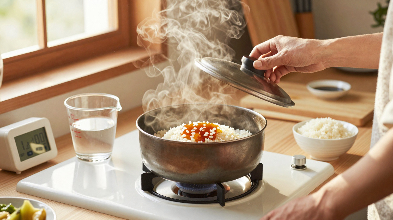 Mão a levantar tampa de panela com arroz fumegante, ovo e sementes de sésamo numa cozinha iluminada.