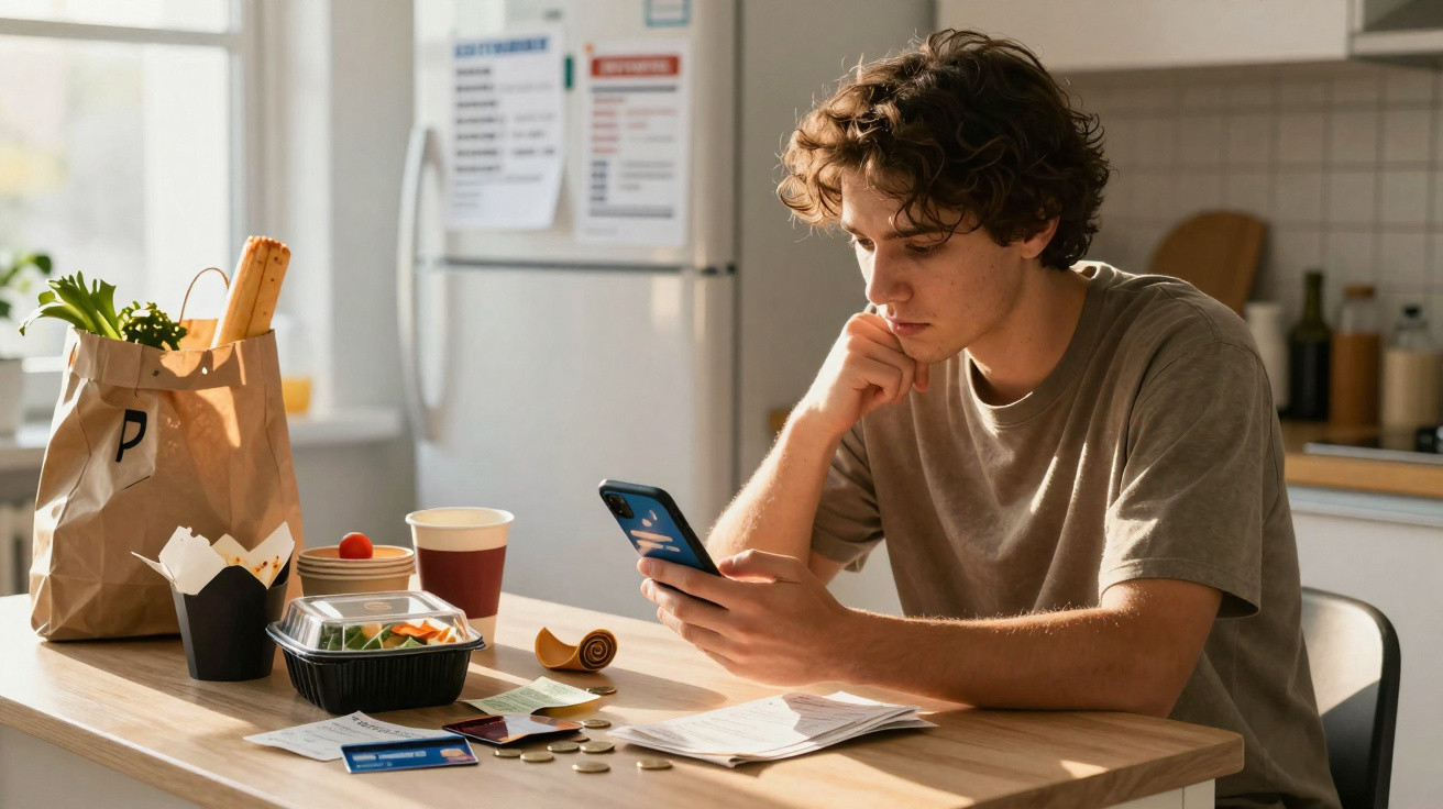 Jovem sentado à mesa a olhar para o telemóvel, com contas, moedas e comida à volta numa cozinha.