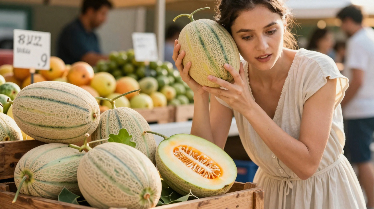 Mulher a ouvir e examinar um melão num mercado ao ar livre com várias frutas à sua volta.