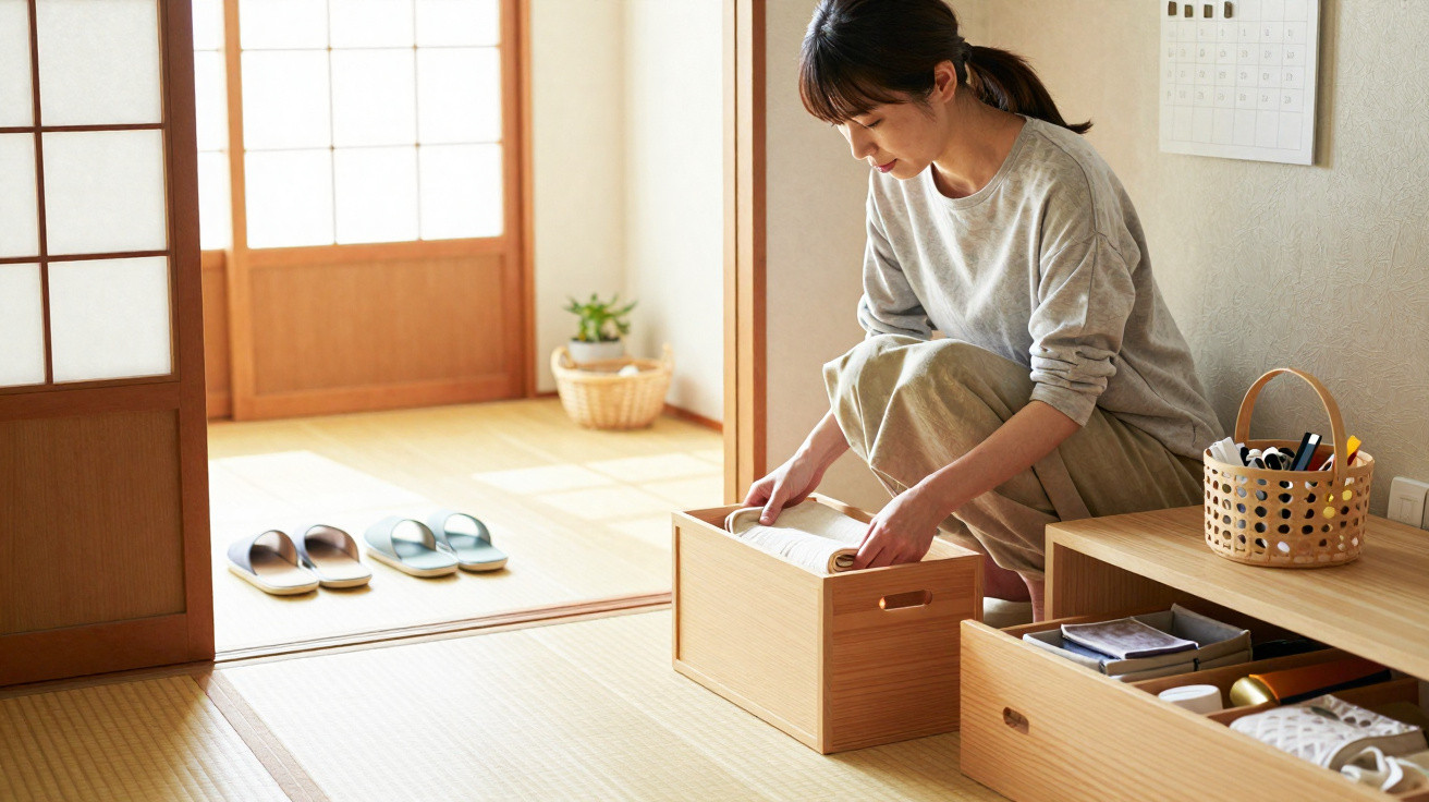 Mulher organiza objetos em caixa de madeira numa sala clara com chão de tatami e portas japonesas de papel.