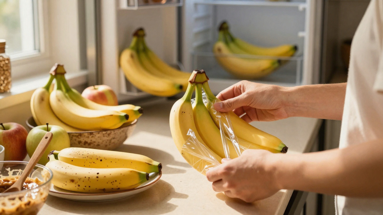 Mãos a embrulhar um cacho de bananas com película transparente numa cozinha iluminada.
