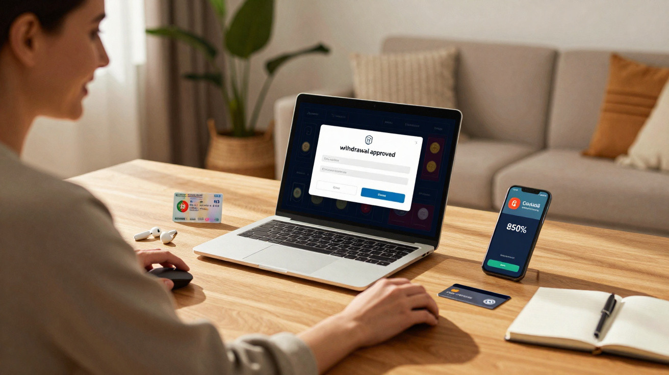 Pessoa a usar computador com mensagem de levantamento aprovado e telemóvel com aplicação financeira na secretária.