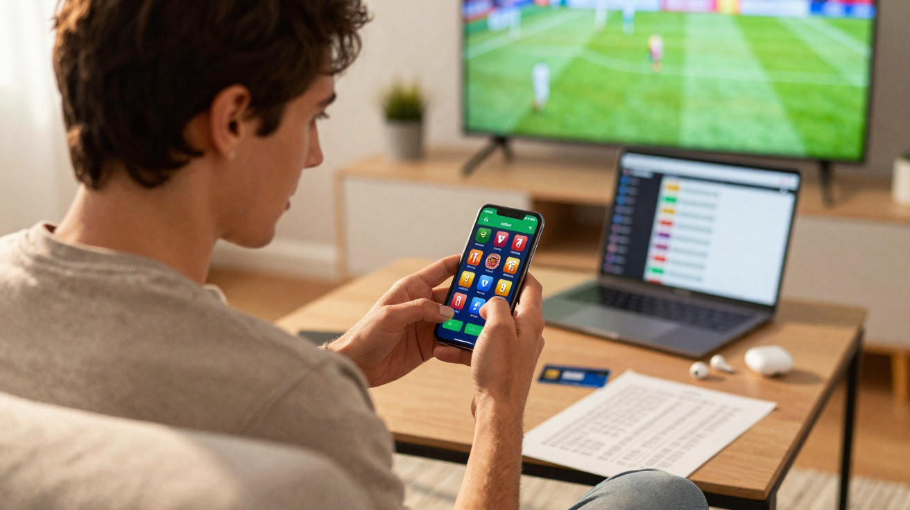 Jovem sentado a apostar num jogo de futebol pelo telemóvel com laptop e TV ligados em fundo.