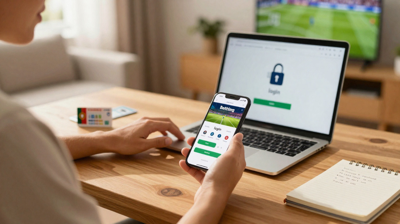 Pessoa a fazer login numa aplicação de apostas desportivas num telemóvel, com portátil aberto na mesma página.