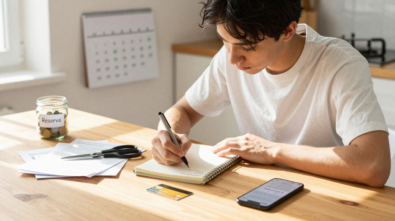 Jovem a fazer anotações num caderno na mesa com telemóvel, cartão bancário, tesoura e pote de moedas etiquetado "Reserva".