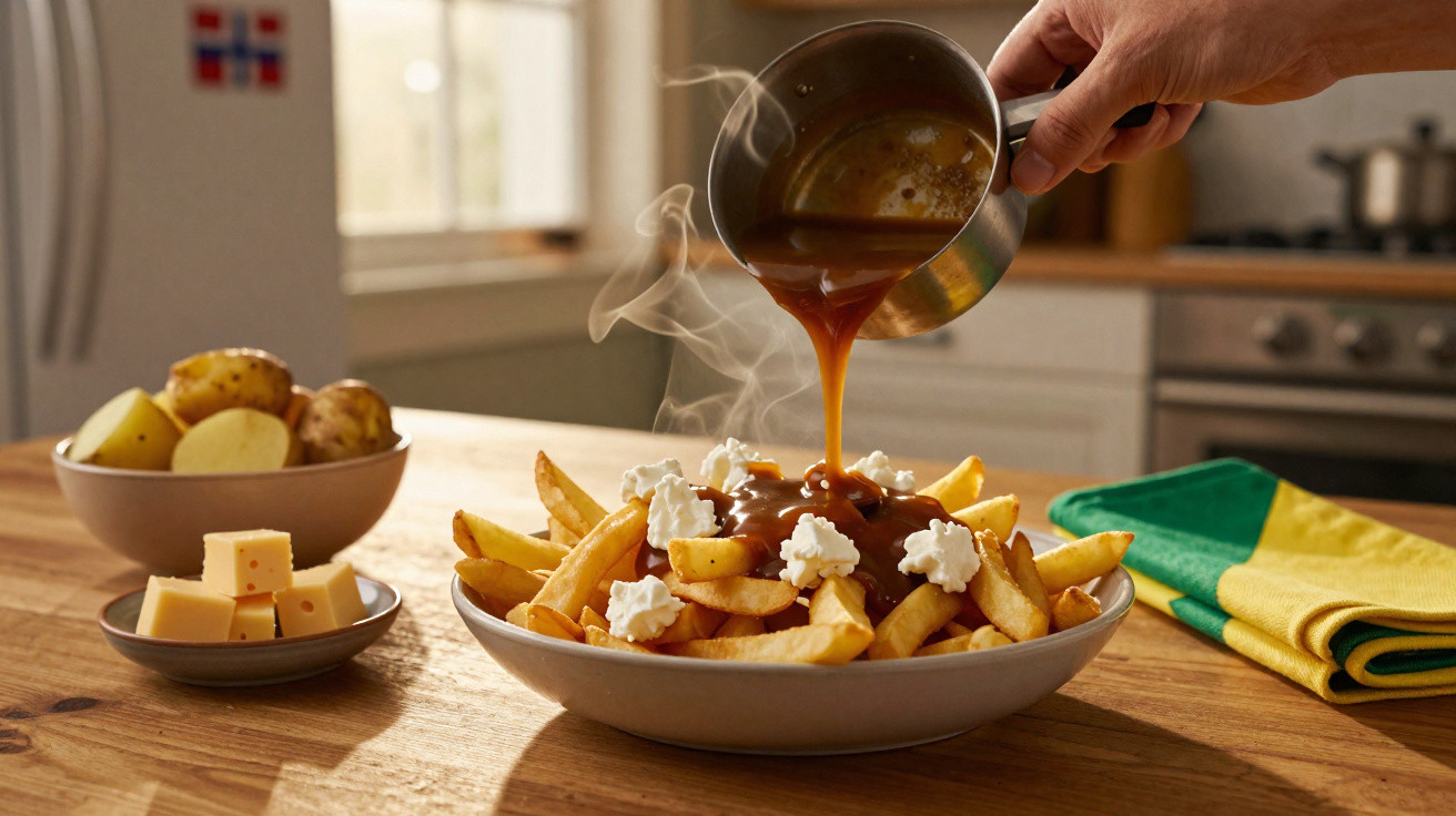 Mãos a verter molho quente sobre batatas fritas com queijo branco, preparação de poutine numa cozinha.