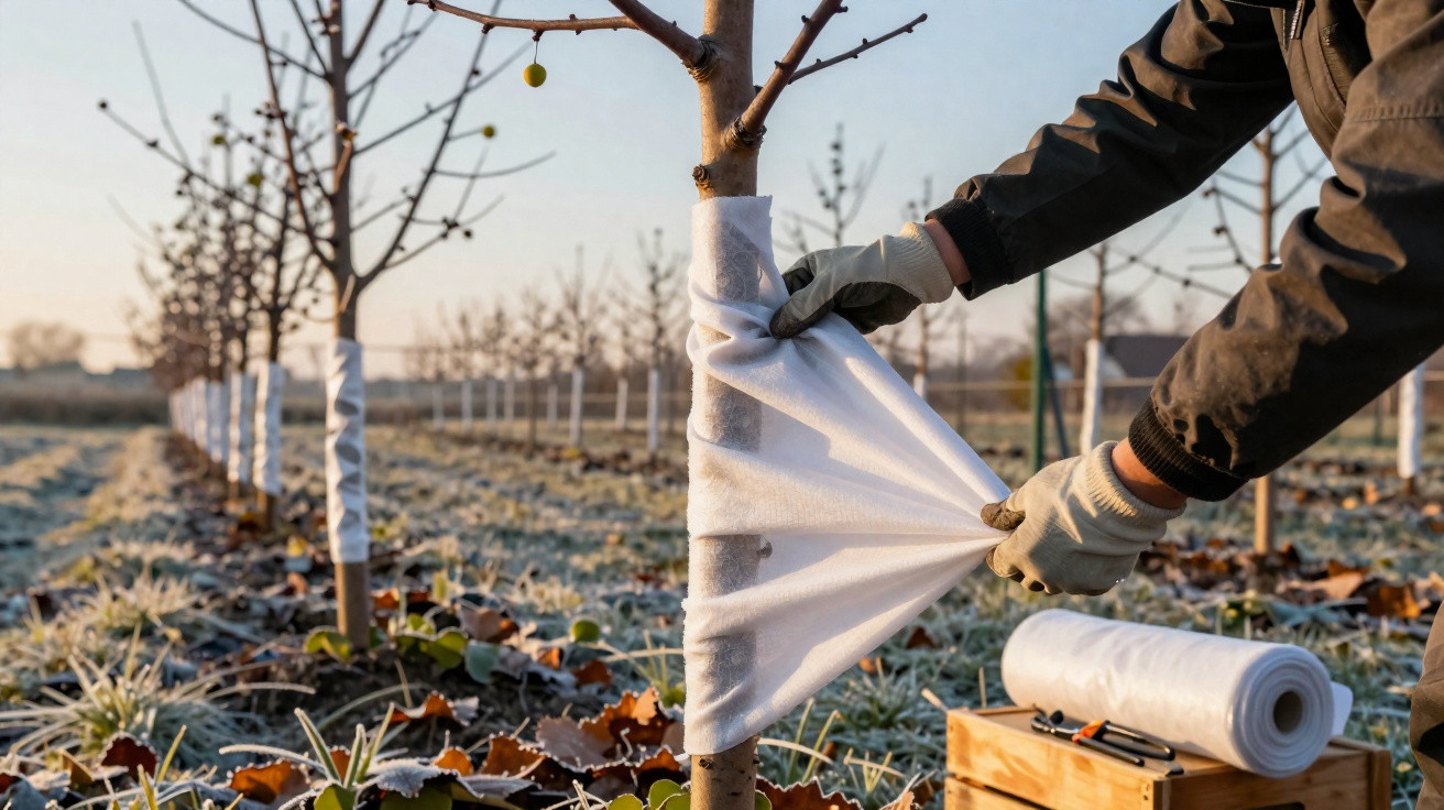 Pessoa a proteger troncos de árvores jovens com tecido branco num pomar em dias de frio e geada.