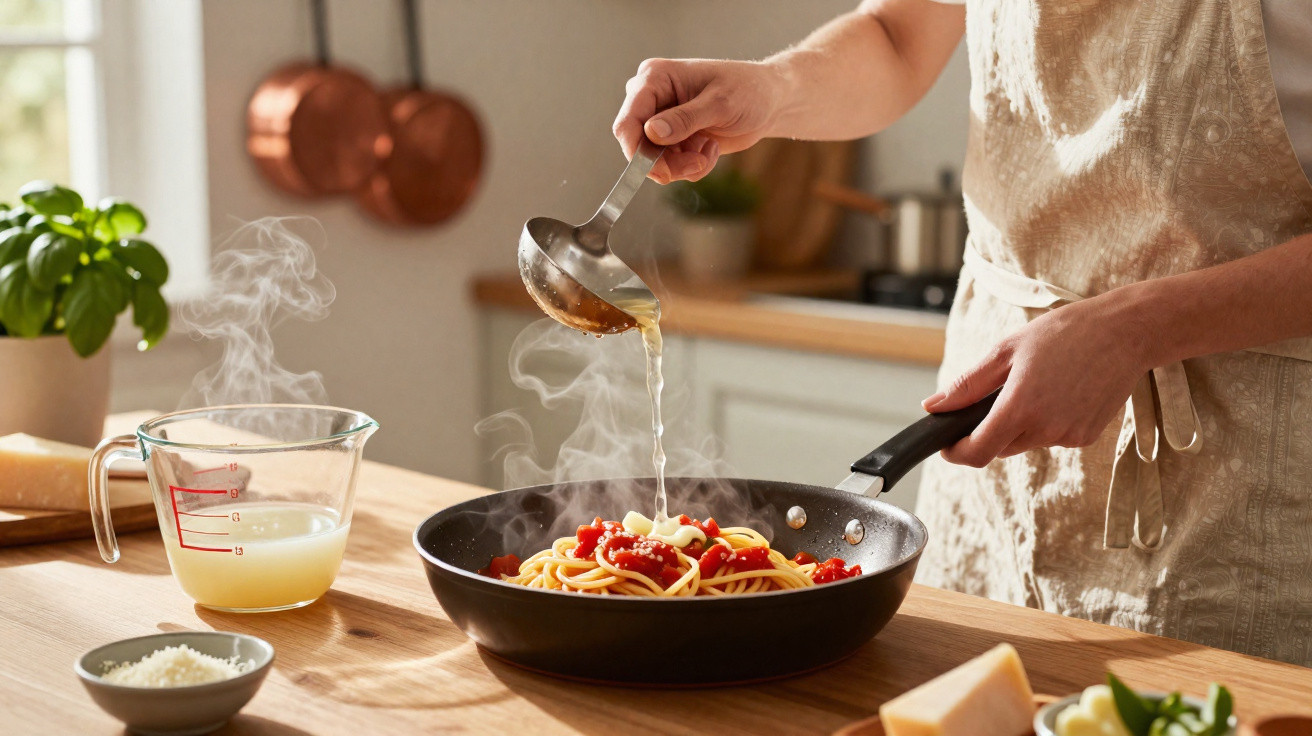Pessoa a verter caldo quente sobre esparguete com tomate num tacho numa cozinha iluminada e acolhedora.