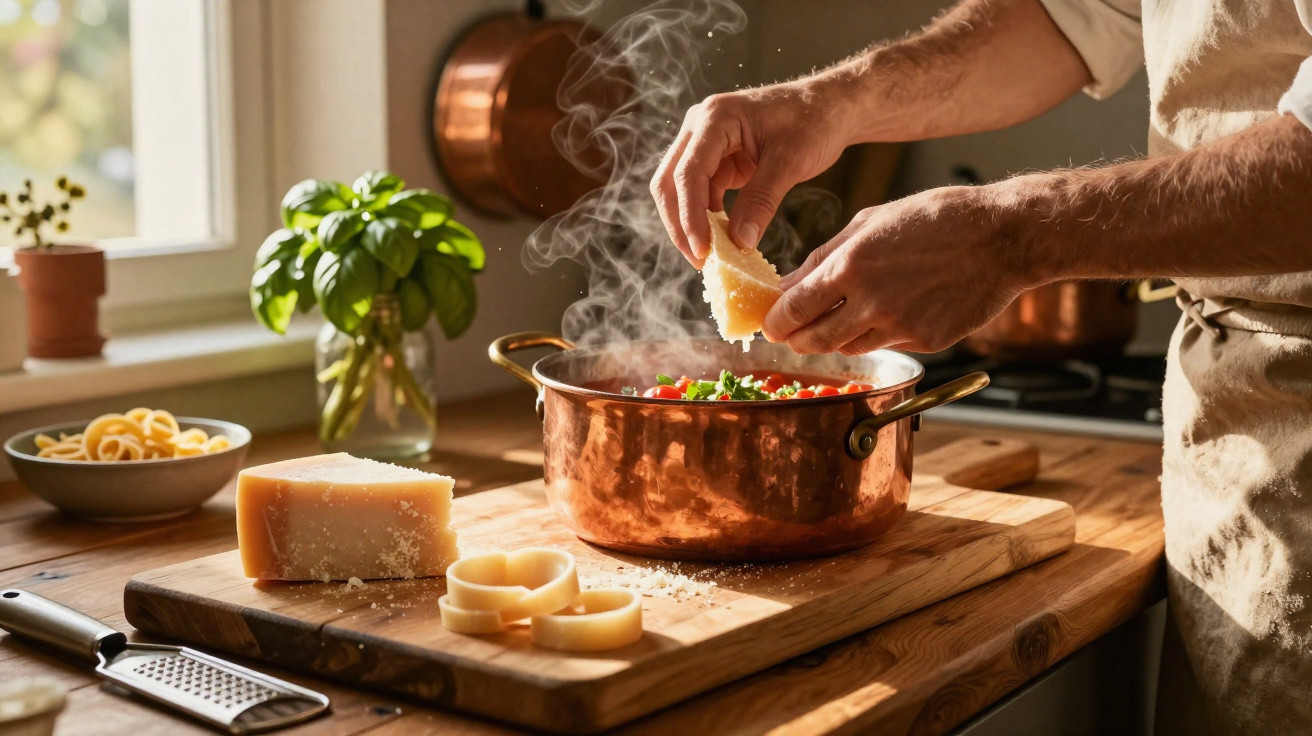 Mãos a ralar queijo sobre panela de cobre com caldo fumegante numa cozinha iluminada pelo sol.