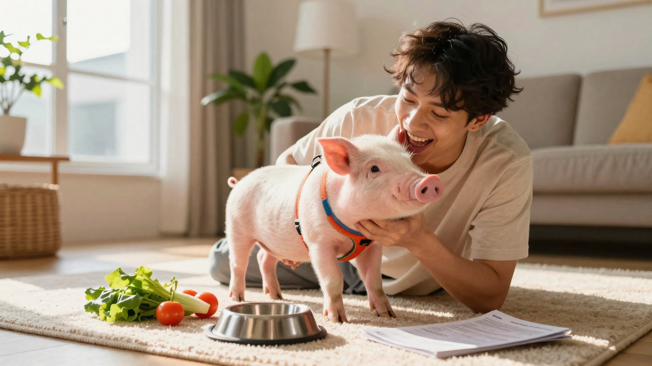 Homem feliz deitado no chão com porco de estimação e legumes numa sala iluminada por luz natural.