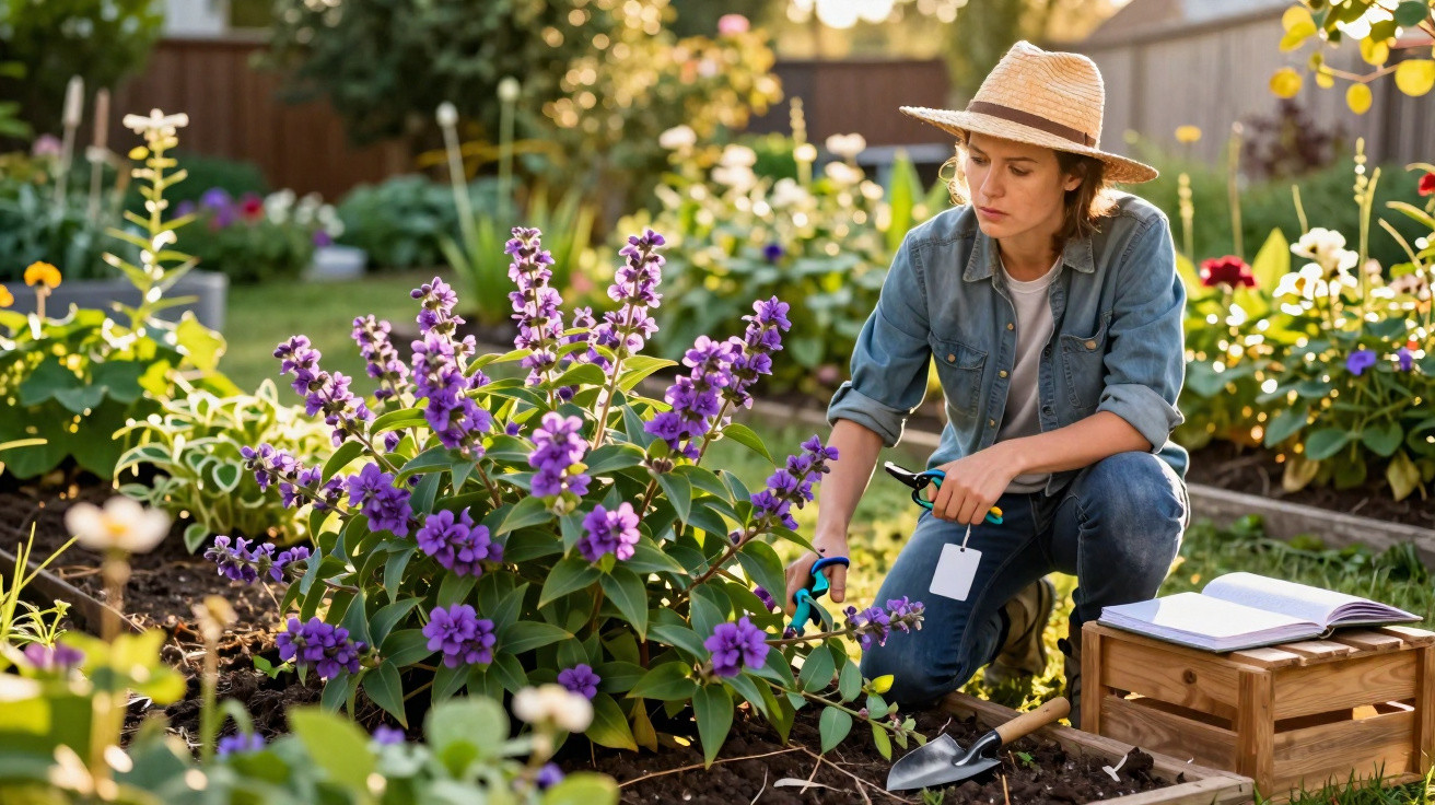 Mulher com chapéu a podar flores roxas num jardim ensolarado com ferramentas de jardinagem ao lado.