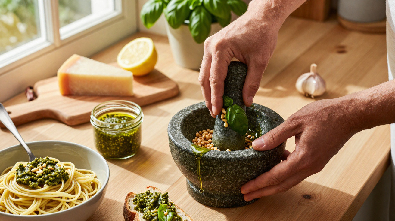 Mãos a preparar pesto num almofariz, com massa, pão, queijo, limão e alho ao fundo numa bancada de cozinha iluminada.