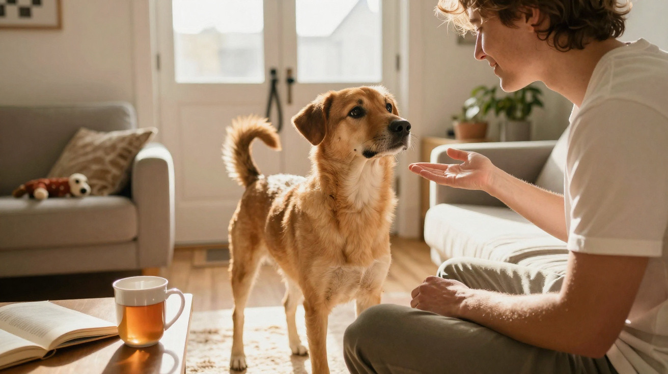 Pessoa a interagir com um cão castanho dentro de uma sala iluminada por luz natural.