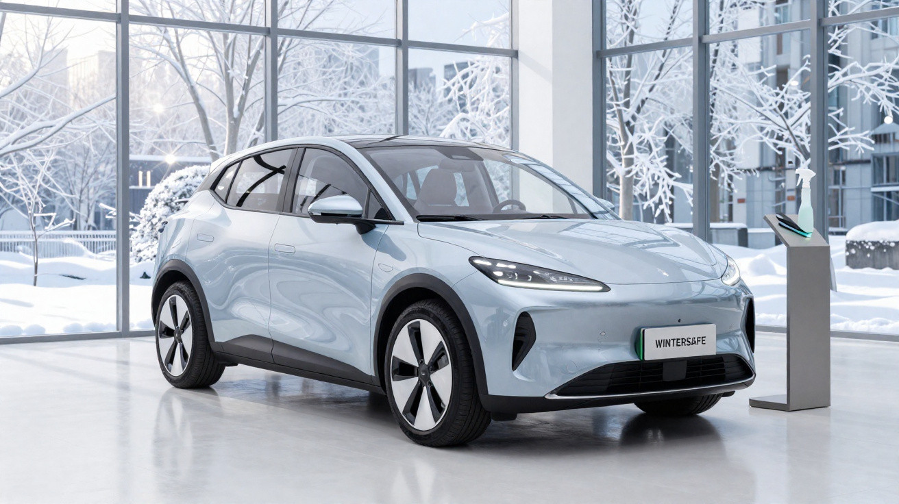 Carro elétrico cinza claro exposto em ambiente com grandes janelas e paisagem de inverno com neve.