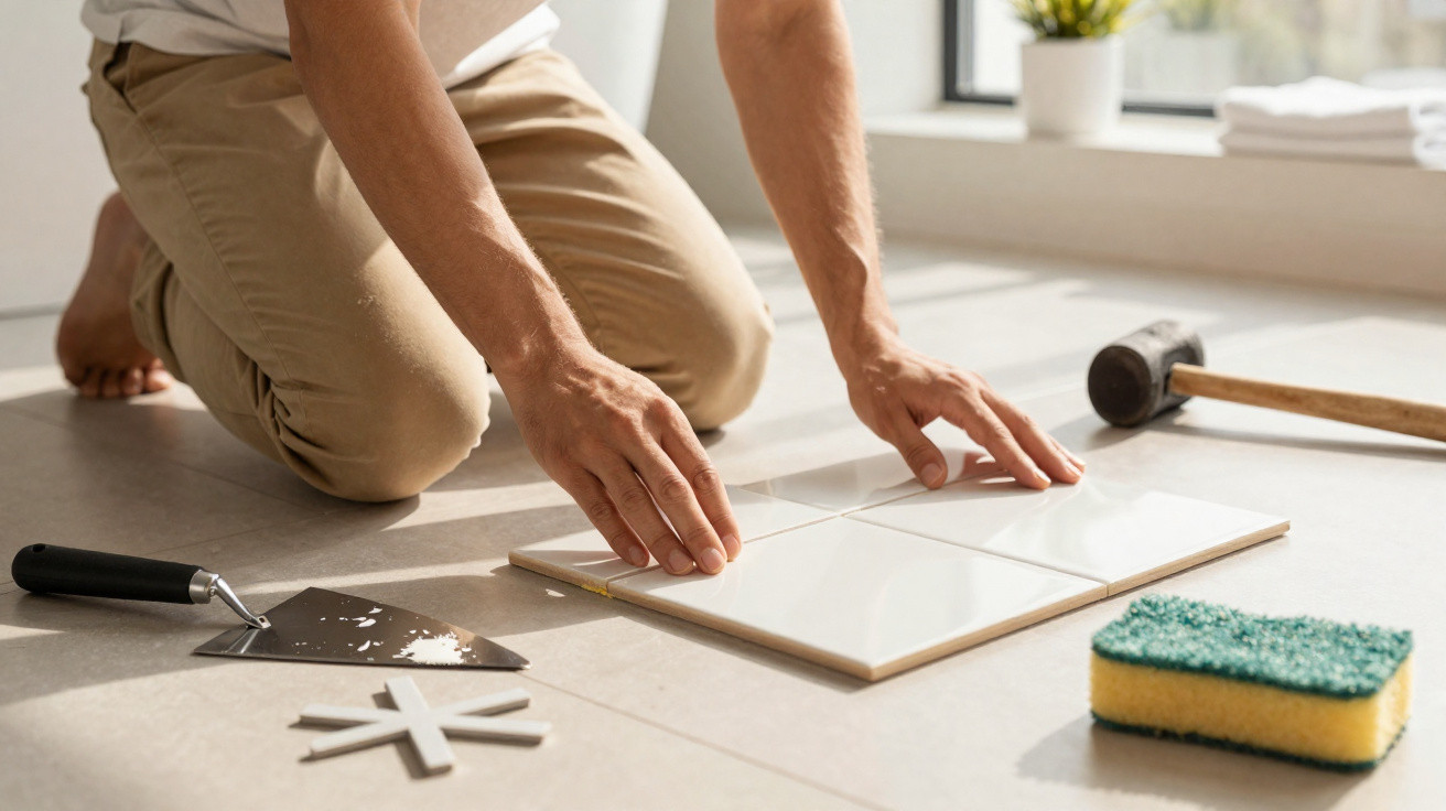 Pessoa a instalar azulejos brancos no chão, com ferramentas e esponja ao lado.