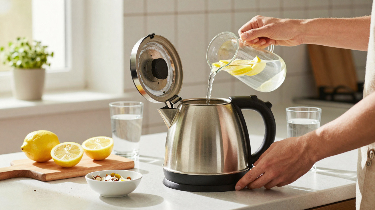 Pessoa a verter água com limão num jarro para uma chaleira elétrica numa cozinha iluminada.