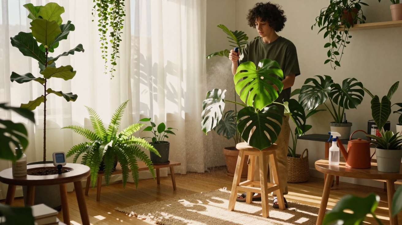 Pessoa a cuidar de plantas verdes numa sala bem iluminada, com móveis de madeira e cortinas claras.