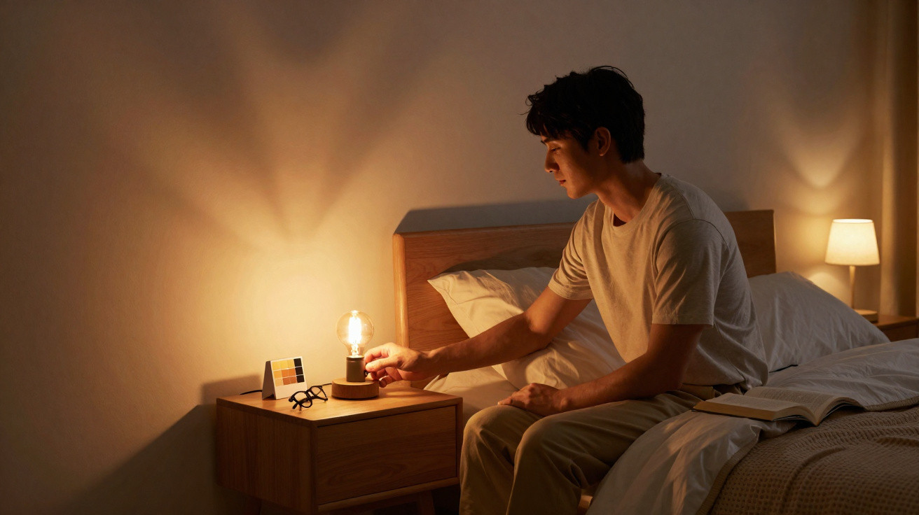 Homem sentado na cama a ligar uma lâmpada de mesa numa noite iluminada e aconchegante.