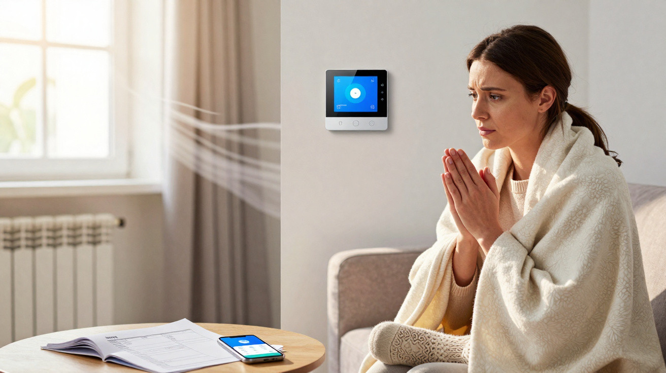 Mulher com manta aquece-se enquanto ajusta termóstato inteligente ligado ao telemóvel numa sala.
