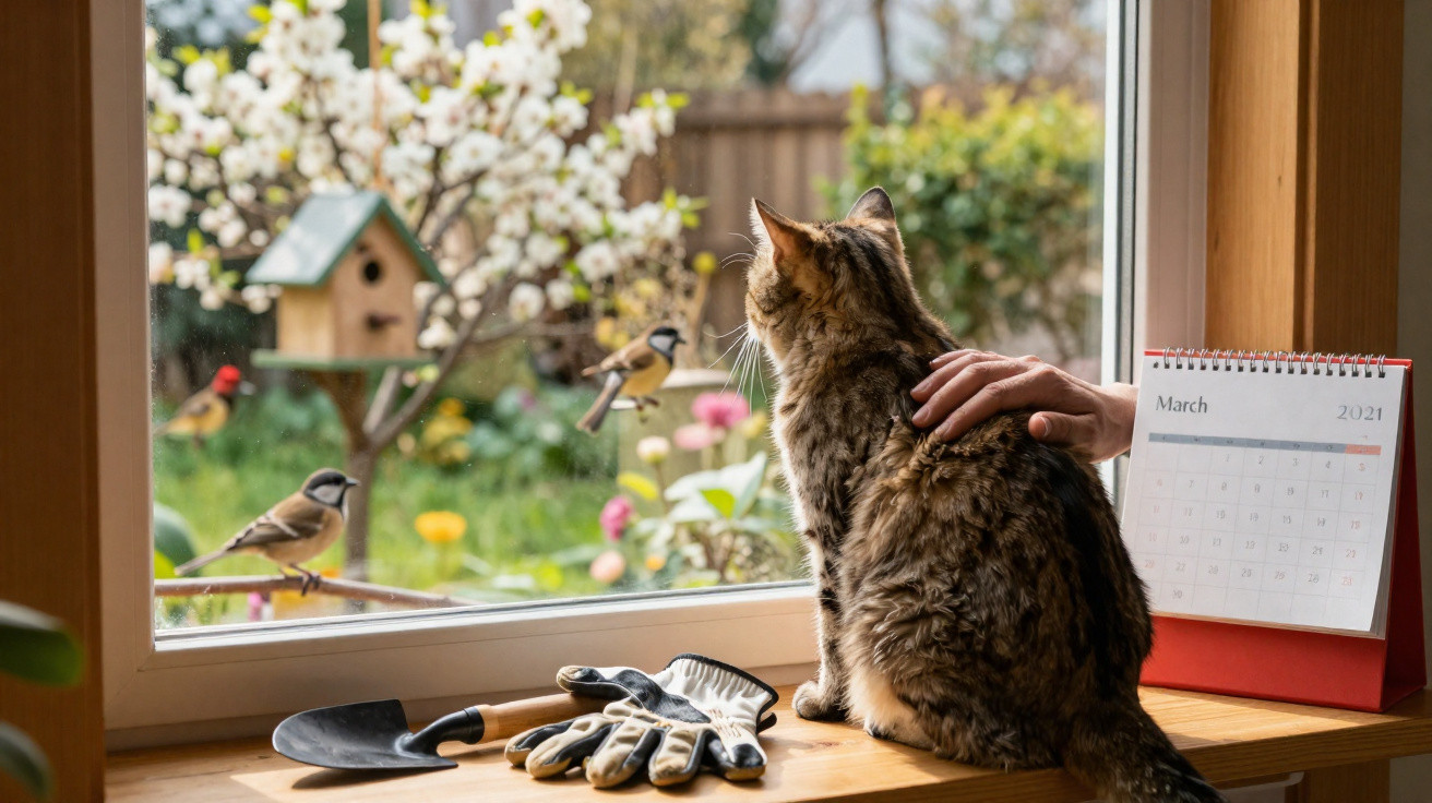 Gato sentado no parapeito da janela com uma mão a afagá-lo, observando pássaros num jardim primaveril com flores e casa de pá