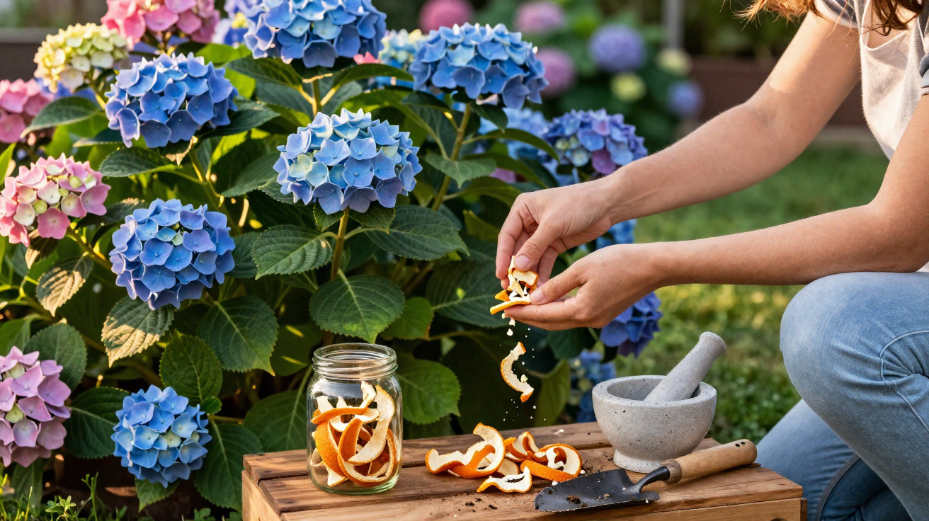 Pessoa a espremer casca de laranja num jardim com flores hortênsias coloridas ao fundo.