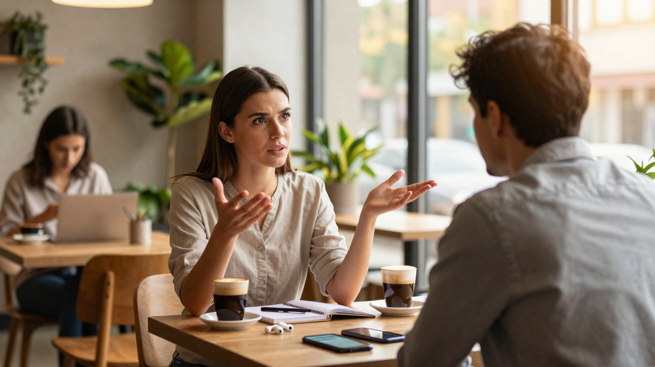 Mulher gesticulando e conversando com homem numa mesa de café, enquanto outra pessoa usa computador ao fundo.