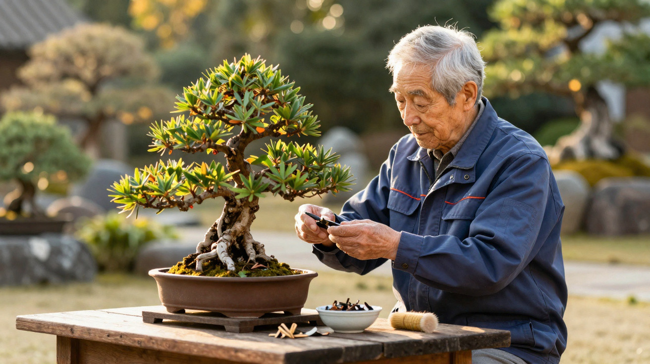Homem idoso a cuidar de uma árvore bonsai num jardim ao ar livre durante o dia.
