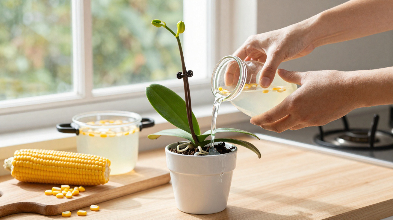 Pessoa a regar orquídea com água num copo, milho e recipiente com água à frente numa cozinha.