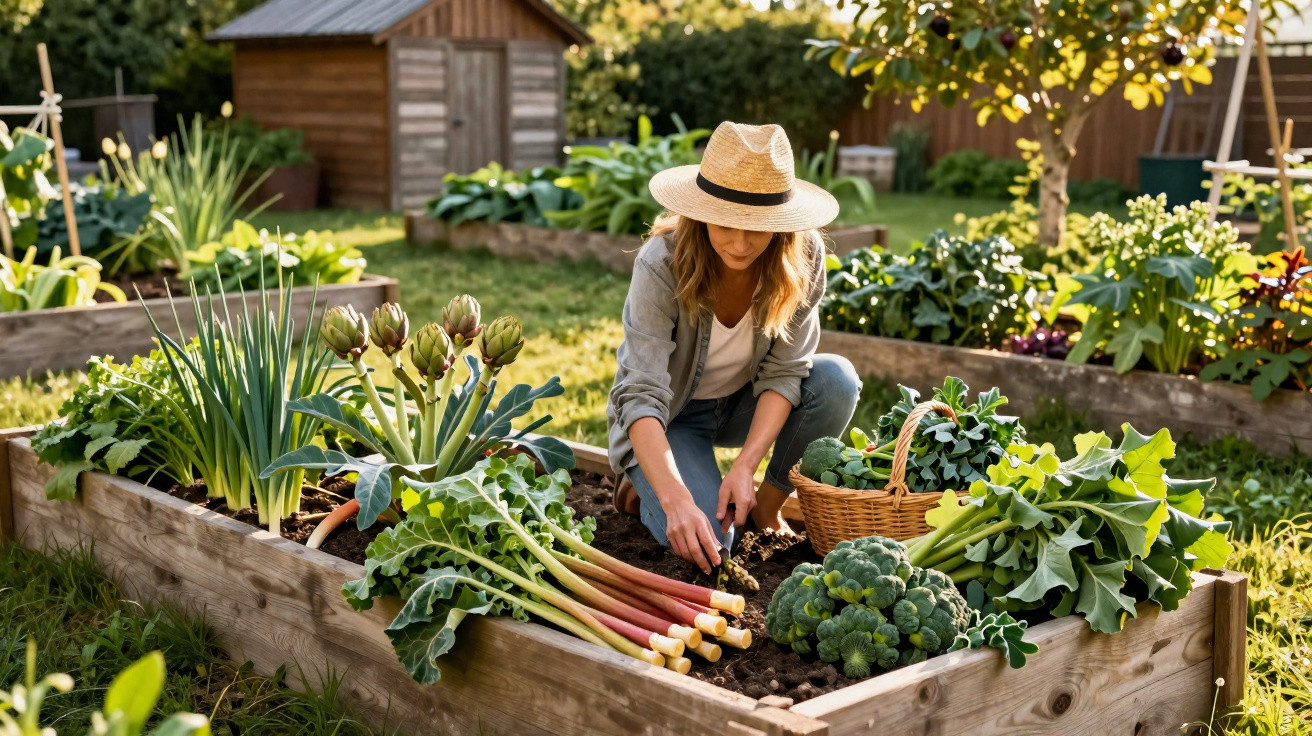 Mulher com chapéu a colher plantas num canteiro elevado num jardim ensolarado com legumes variados.