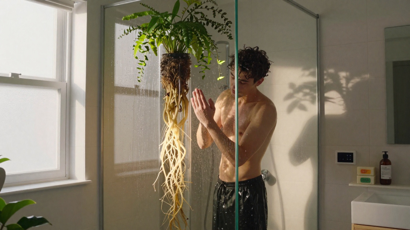 Homem de cabelo curto lava as mãos no chuveiro ao lado de planta suspensa com raízes expostas.