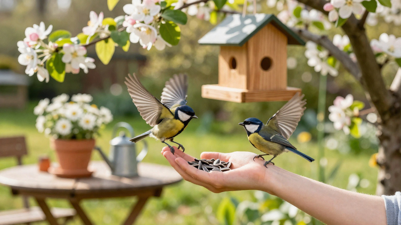 Pássaros alimentam-se na mão de uma pessoa, com casa de pássaros e flores ao fundo num jardim primaveril.