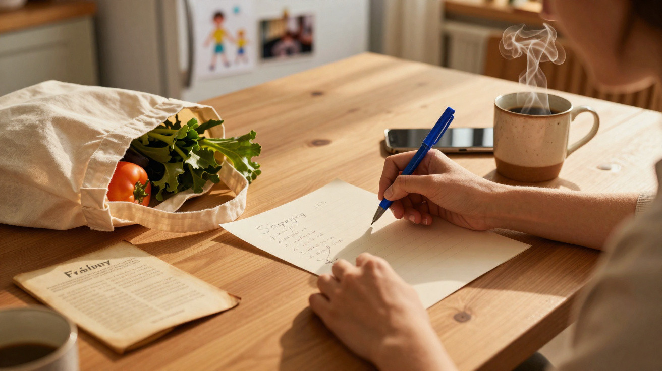 Pessoa a escrever uma lista de compras numa mesa com legumes, livro, telefone e chá quente.