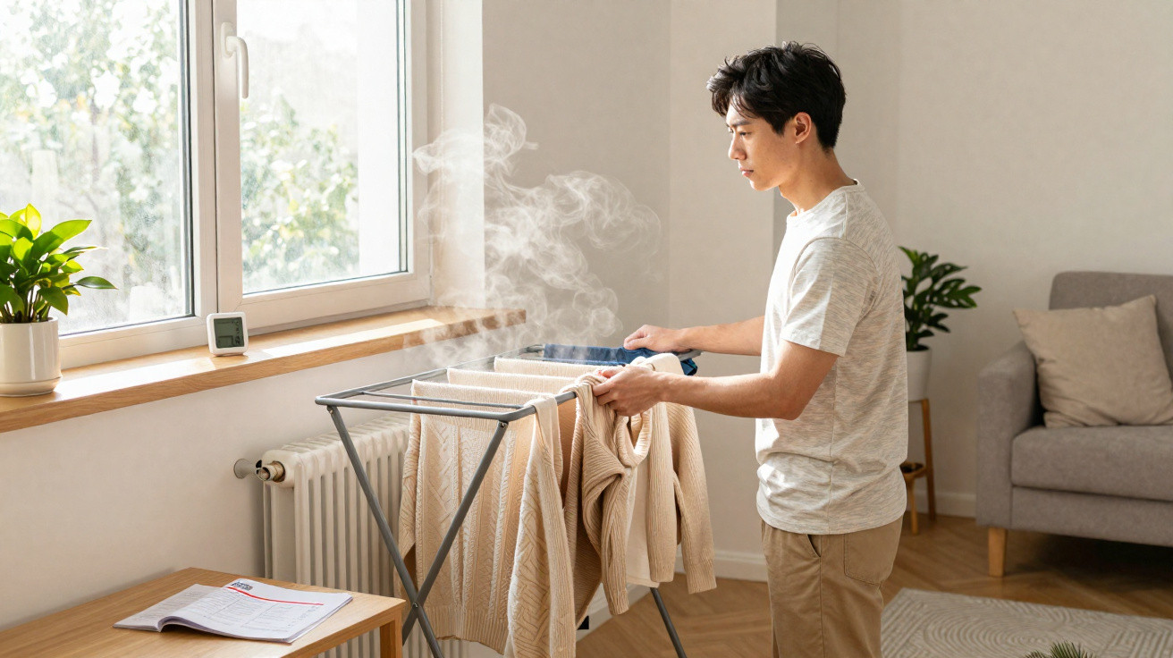Homem a estender roupa quente num estendal interior junto a uma janela, com vapor visível.